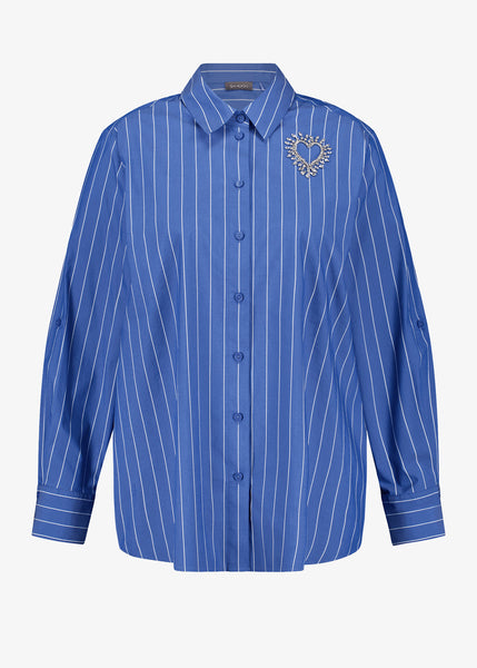 Samoon Stretch Cotton Striped Shirt with Heart Motif in Skydiver Blue