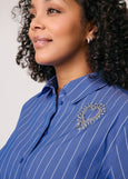 close up front view of plus size Samoon Stretch Cotton Striped Shirt with Heart Motif in Skydiver Blue