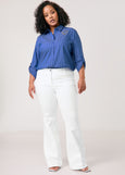 front view of plus size Samoon Stretch Cotton Striped Shirt with Heart Motif in Skydiver Blue