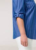side view of plus size Samoon Stretch Cotton Striped Shirt with Heart Motif in Skydiver Blue
