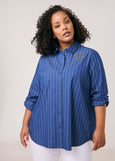 front view of plus size Samoon Stretch Cotton Striped Shirt with Heart Motif in Skydiver Blue