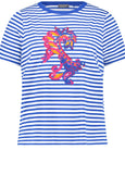 front view of Samoon plus size cotton blend Striped Short Sleeve Tee with Print Front in Skydiver Blue Stripe