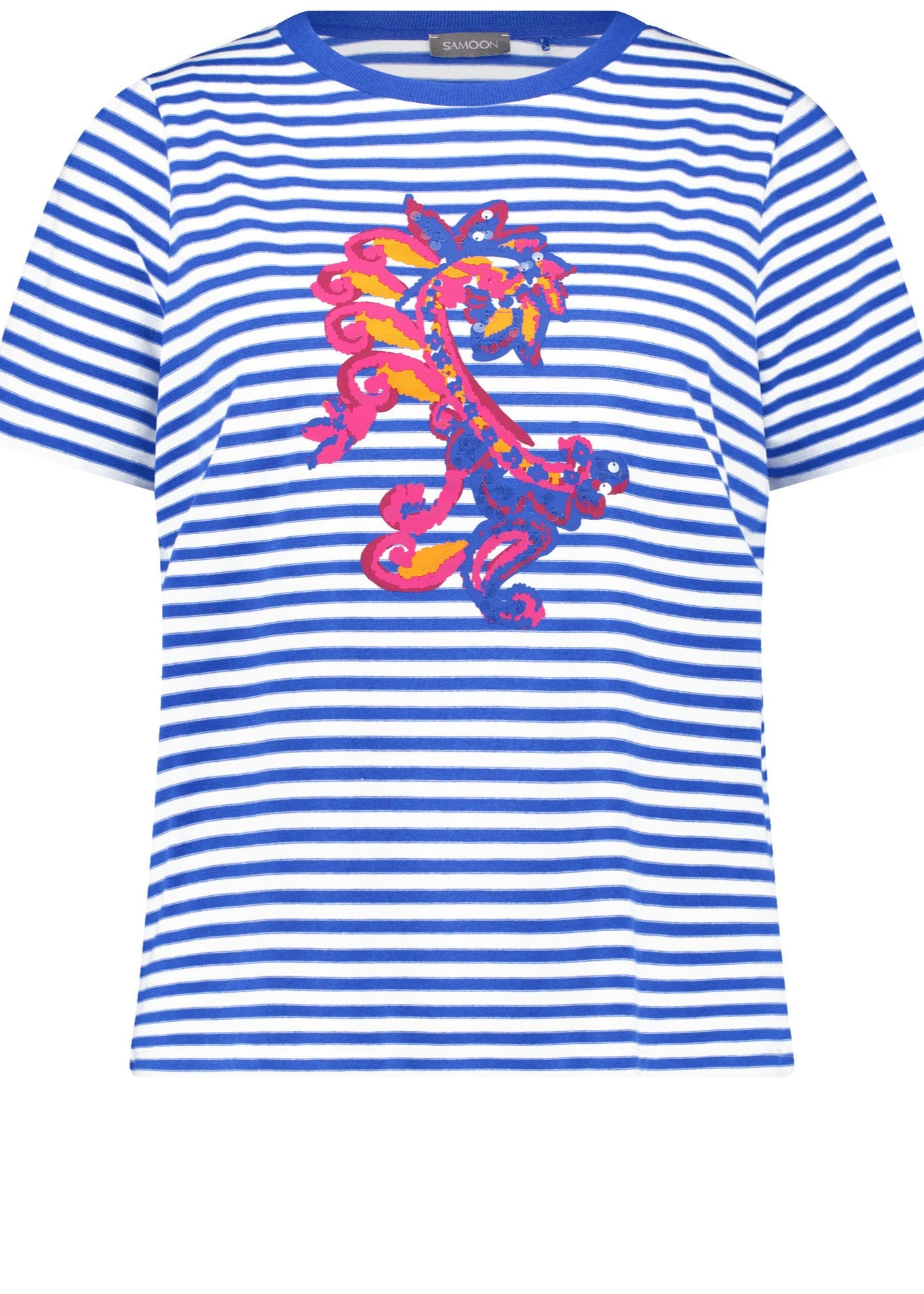 front view of Samoon plus size cotton blend Striped Short Sleeve Tee with Print Front in Skydiver Blue Stripe