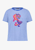 Samoon Striped Short Sleeve Tee with Print Front in Skydiver Blue Stripe