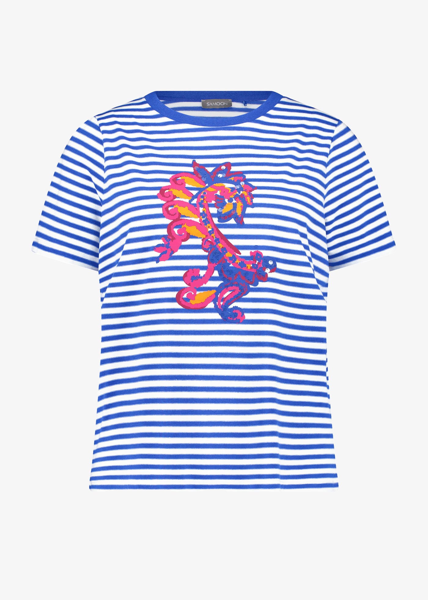 Samoon Striped Short Sleeve Tee with Print Front in Skydiver Blue Stripe