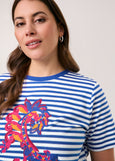 close up front view on model of Samoon plus size cotton blend Striped Short Sleeve Tee with Print Front in Skydiver Blue Stripe