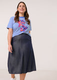 front view on model of Samoon plus size cotton blend Striped Short Sleeve Tee with Print Front in Skydiver Blue Stripe