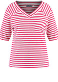 front view of plus size Samoon Striped viscose jersey V-neck Elbow Sleeve Tee in Barberry Red