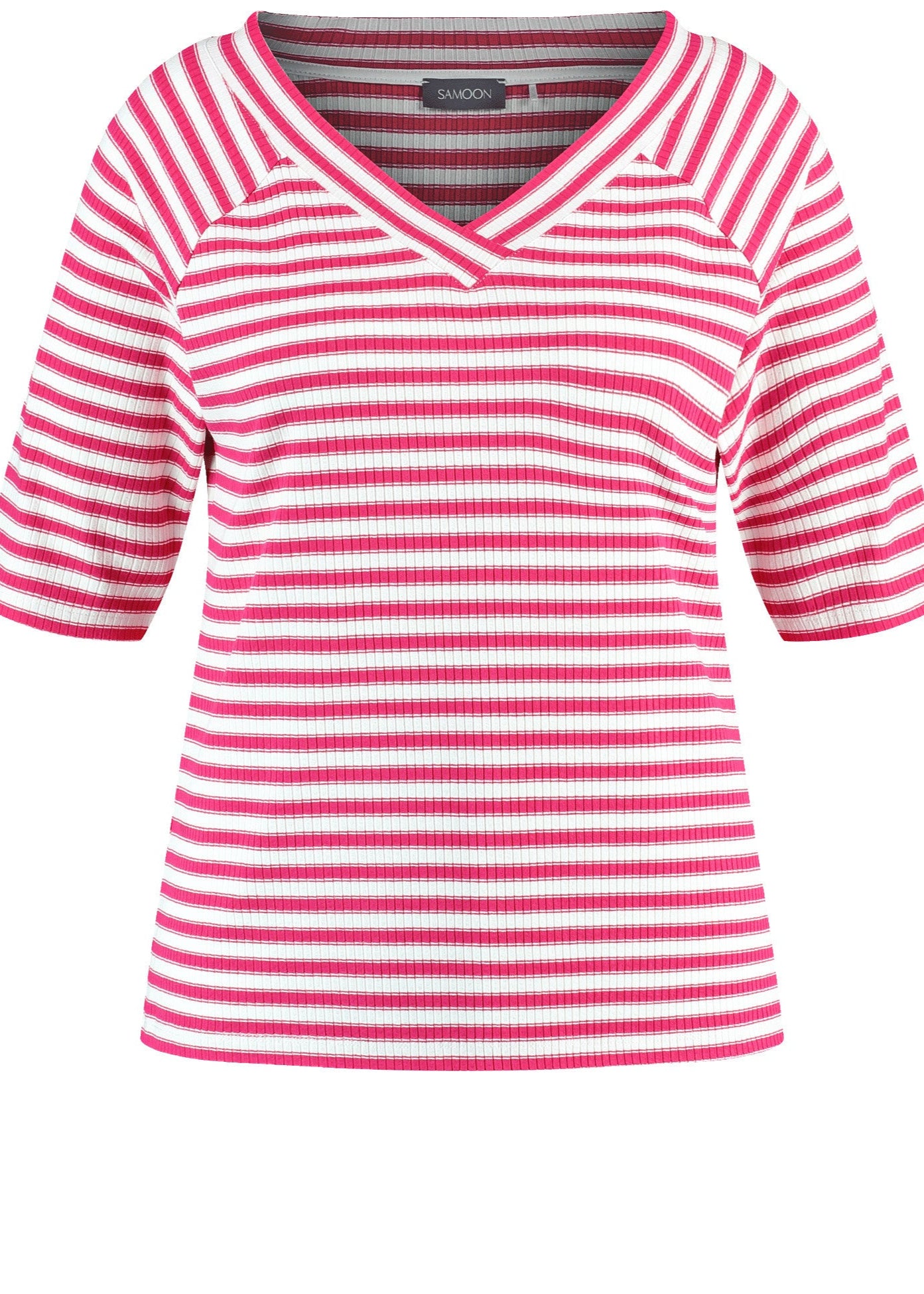 front view of plus size Samoon Striped viscose jersey V-neck Elbow Sleeve Tee in Barberry Red
