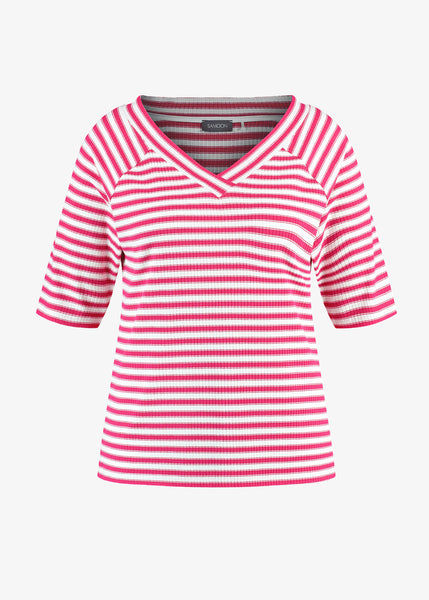 Samoon Striped V-neck Elbow Sleeve Tee in Barberry Red
