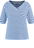 front view of plus size Samoon Striped viscose jersey V-neck Elbow Sleeve Tee in skydiver blue