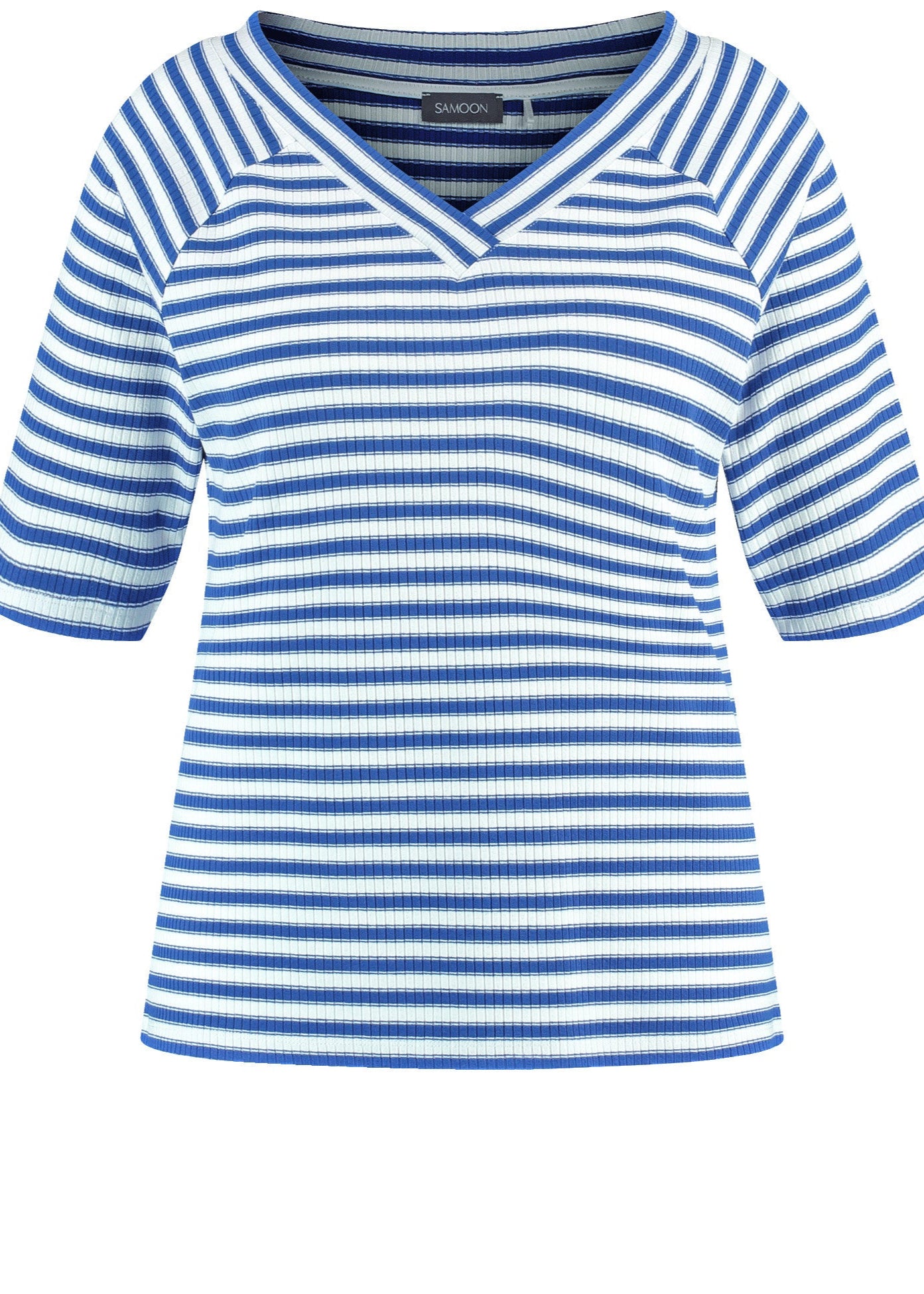 front view of plus size Samoon Striped viscose jersey V-neck Elbow Sleeve Tee in skydiver blue