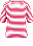 back view of plus size Samoon Striped viscose jersey V-neck Elbow Sleeve Tee in Barberry Red