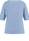 back view view of plus size Samoon Striped viscose jersey V-neck Elbow Sleeve Tee in skydiver blue
