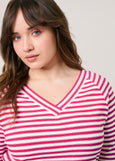 close up front view of plus size Samoon Striped viscose jersey V-neck Elbow Sleeve Tee in Barberry Red