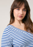 close up front view view on model of plus size Samoon Striped viscose jersey V-neck Elbow Sleeve Tee in skydiver blue