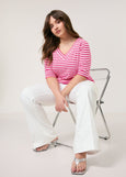 front view of plus size Samoon Striped viscose jersey V-neck Elbow Sleeve Tee in Barberry Red