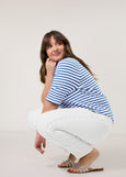 side view view on model of plus size Samoon Striped viscose jersey V-neck Elbow Sleeve Tee in skydiver blue