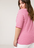 back view of plus size Samoon Striped viscose jersey V-neck Elbow Sleeve Tee in Barberry Red