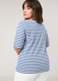 back view view on model of plus size Samoon Striped viscose jersey V-neck Elbow Sleeve Tee in skydiver blue