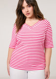 front view on model of plus size Samoon Striped viscose jersey V-neck Elbow Sleeve Tee in Barberry Red