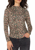 front view of plus size Liverpool Long Sleeve Pleated Mock Neck Knit Top in Multi Geo Ikat