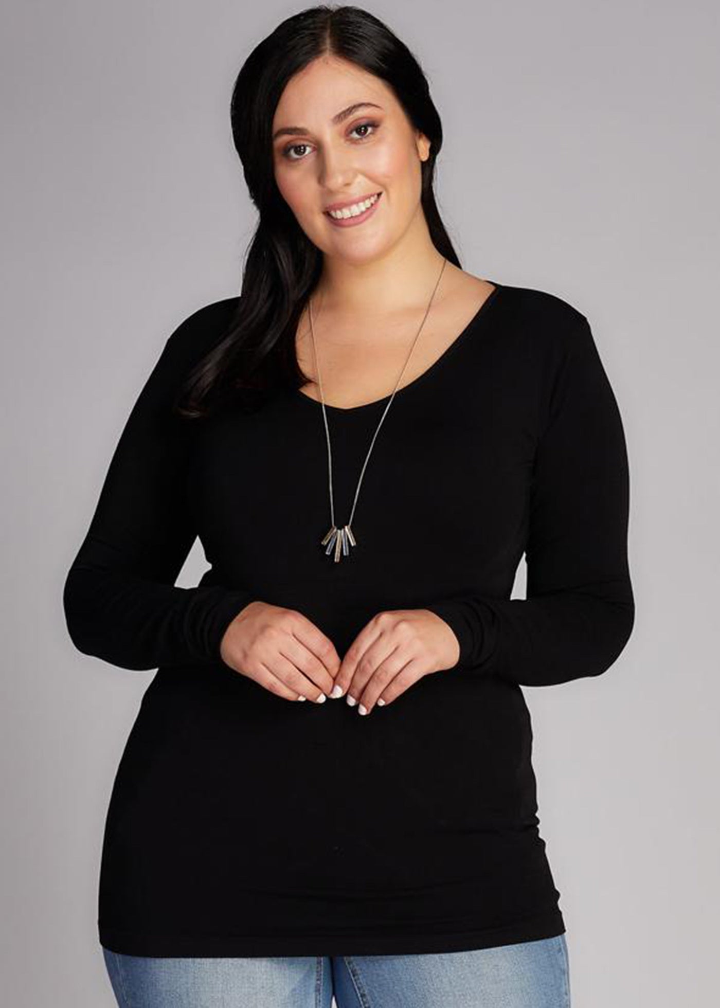 C'est Moi Bamboo Long Sleeve V-Neck Top in Black