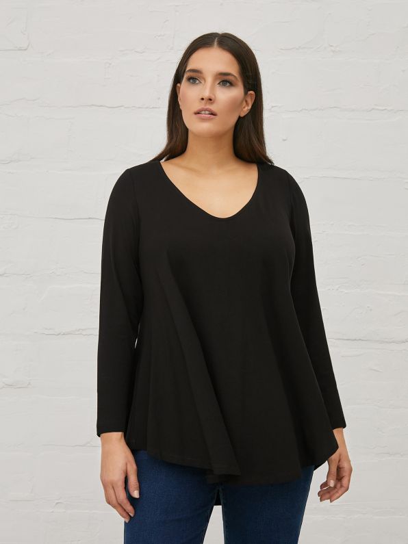 Mat Jersey Long sleeve Top with Deep V neck in Black