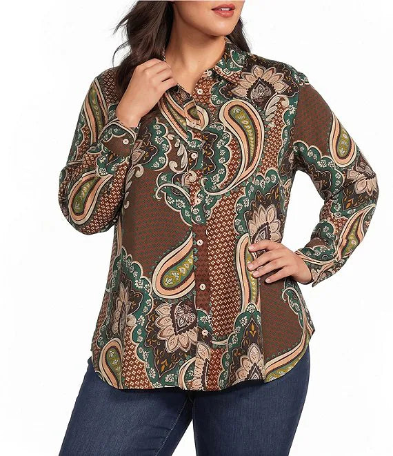 Women's long-sleeve paisley button-up shirt, green and brown with cream accents