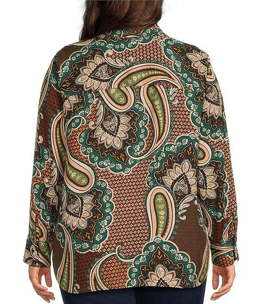 Women's long-sleeve paisley shirt, back view with button placket and cuffs, green-brown