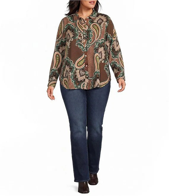 Women's long-sleeve paisley shirt with button front, falling to hip length, multi-color