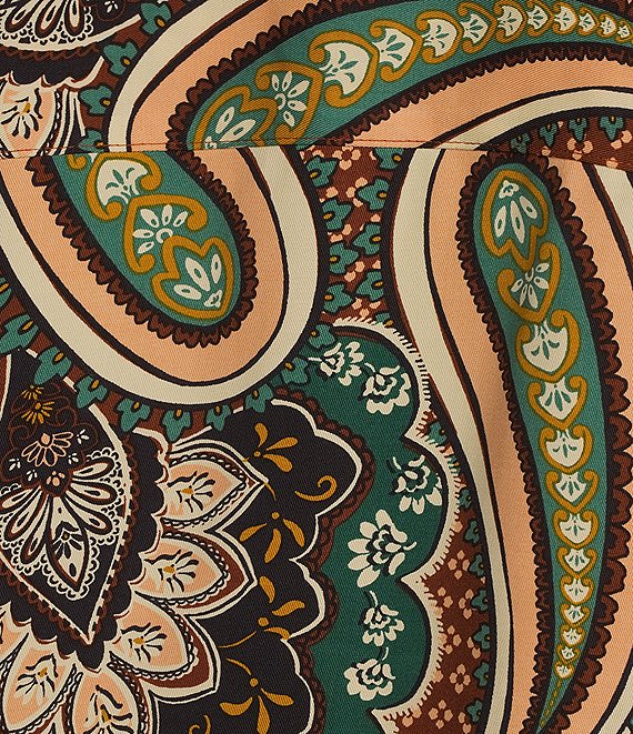 Paisley print fabric detail on long-sleeve shirt, green, brown, and cream swirls