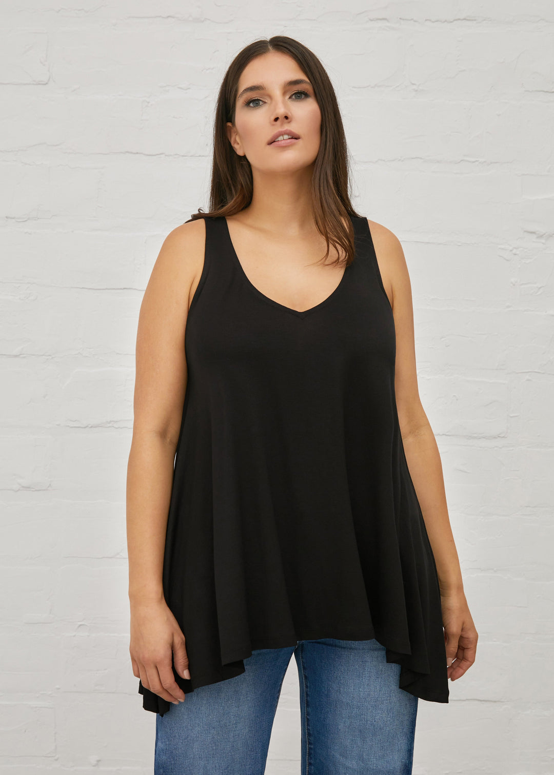 front view of plus size Mat Basic V Neck Jersey A Line Tank in Black
