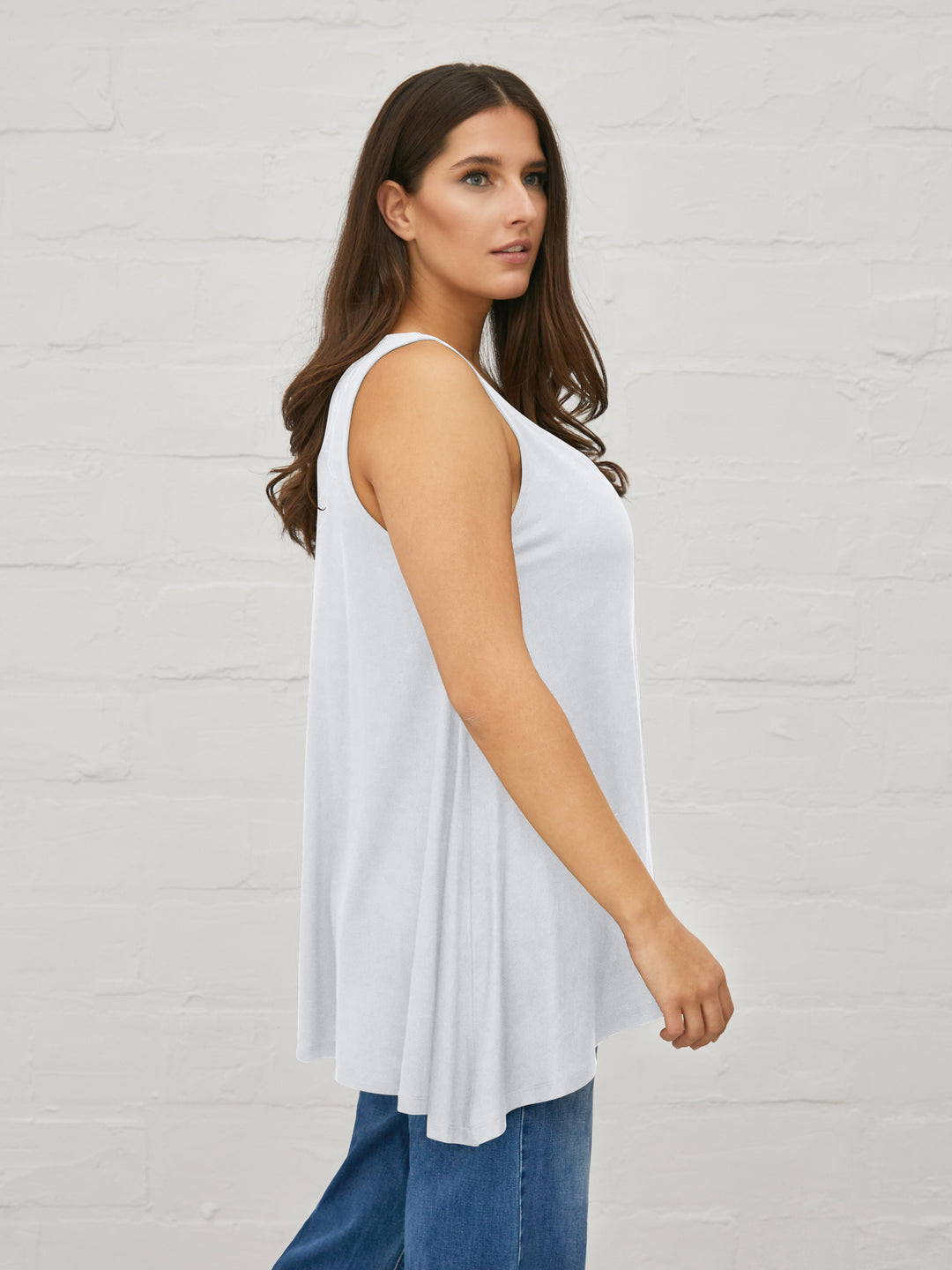 side view of plus size Mat Basic V Neck Jersey A Line Tank in White