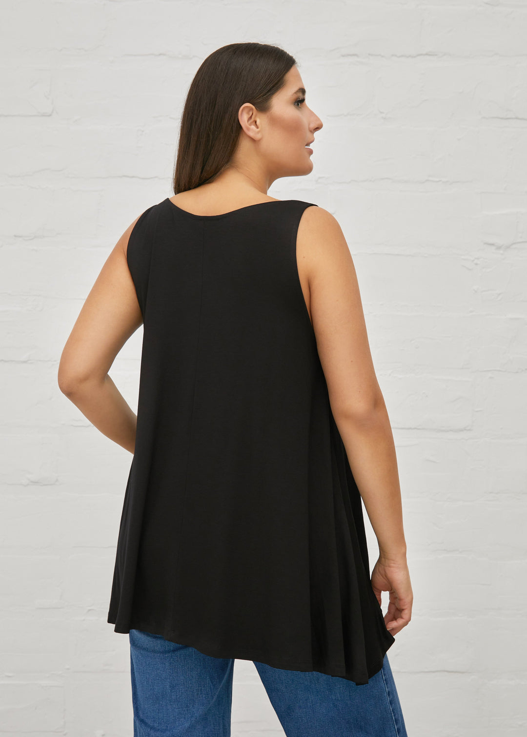 back view of plus size Mat Basic V Neck Jersey A Line Tank in Black