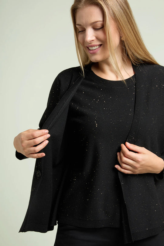 Black open jacket overlay with long sleeves and stone-like speckled embellishments