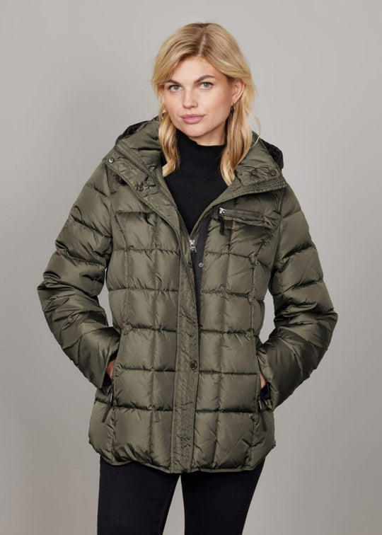 Junge Down Filled Wind Resistant Short Quilted Coat with Stand Collar and Detachable Hood in Khaki