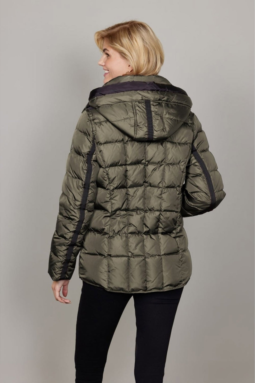 Junge Down Filled Wind Resistant Short Quilted Coat with Stand Collar and Detachable Hood in Khaki