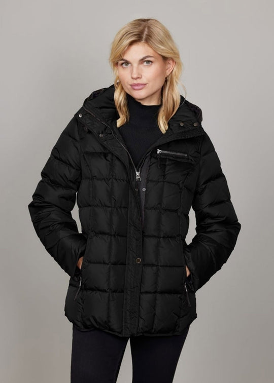 Junge Down Filled Wind Resistant Short Quilted Coat with Stand Collar and Detachable Hood in Black