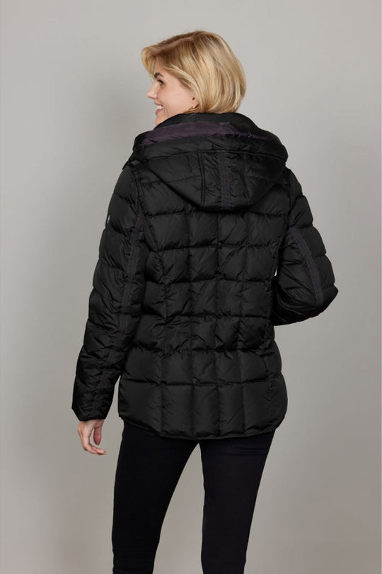 Junge Down Filled Wind Resistant Short Quilted Coat with Stand Collar and Detachable Hood in Black