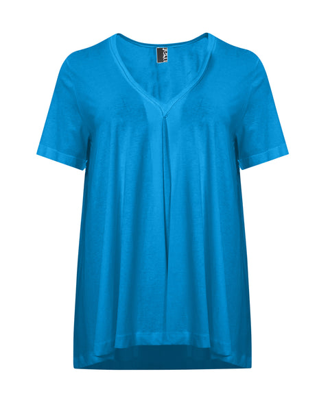 Mat V-Neck A-Line Short Sleeve Tee with Inverted Pleat in Front and Back in Turquoise