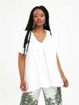Mat V-Neck A-Line Short Sleeve Tee with Inverted Pleat in Front and Back in White