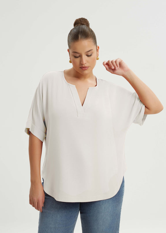 front view of Mat air-wash polyester Split Neck Curved Hem plus size top in White