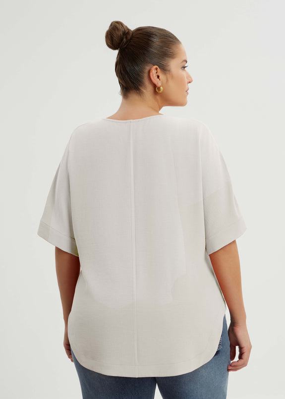 back view of Mat air-wash polyester Split Neck Curved Hem plus size top in White