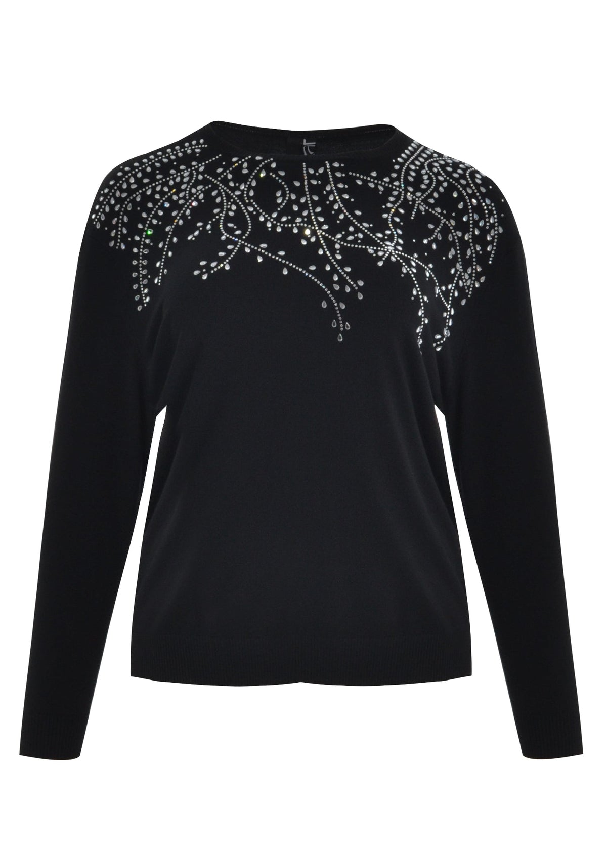 Black long-sleeve beaded sweater flat lay, crew neck with full back beadwork
