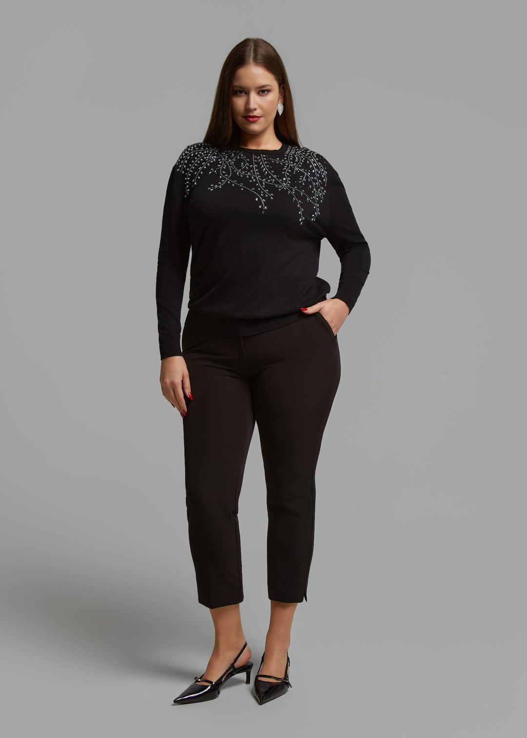 Mat Fashions Long Sleeve Beaded Sweater in Black