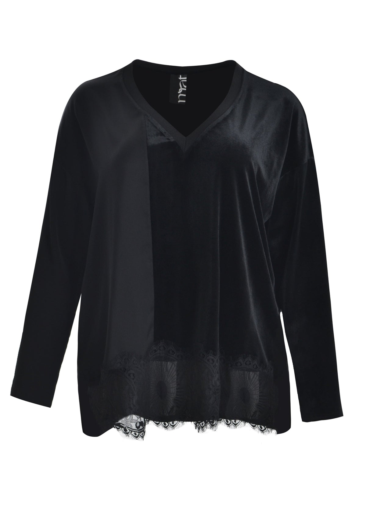 Black V-neck long-sleeve velvet top with lace hem and center overlay panel