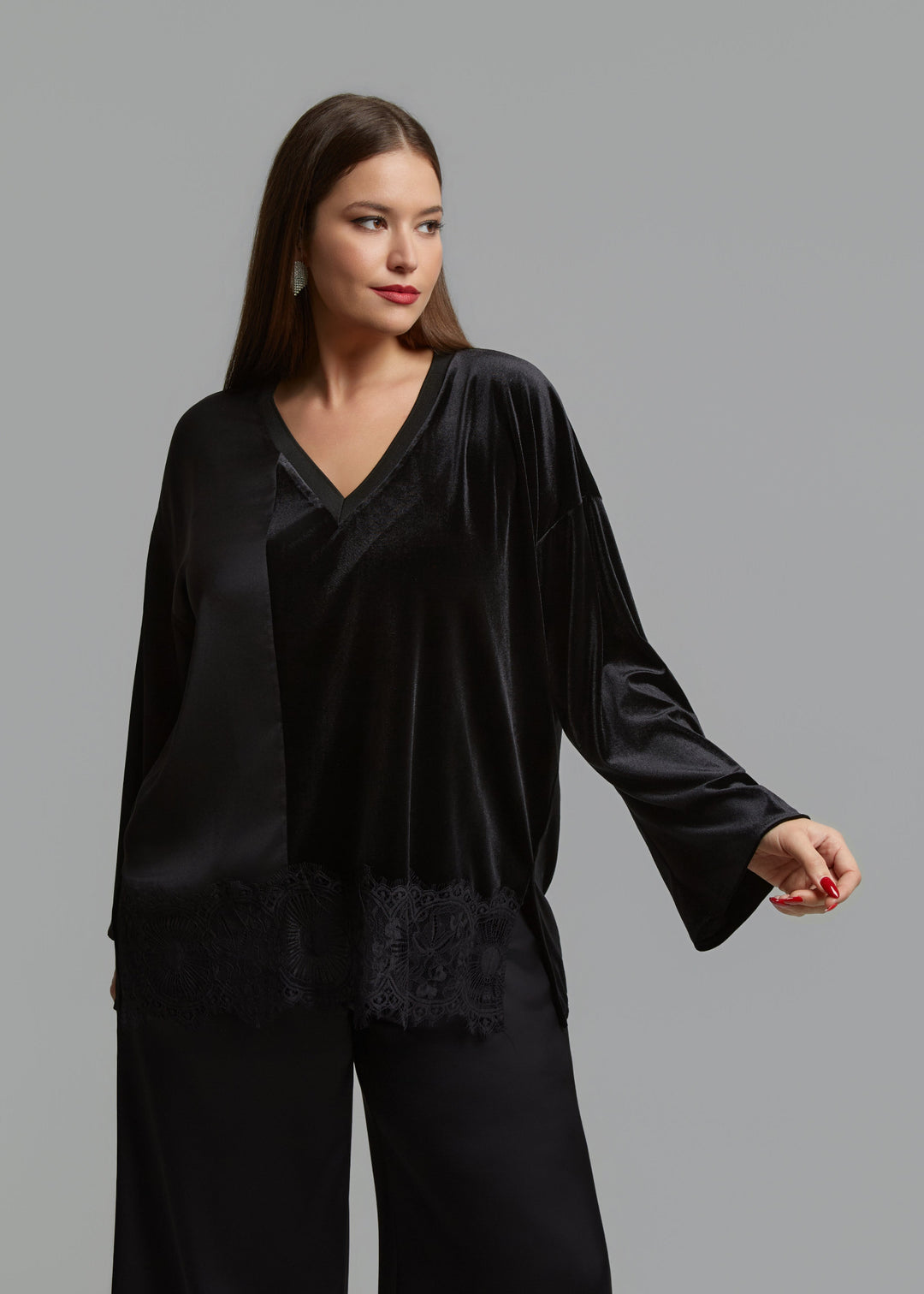 Mat Fashions Velvet and Mix Media V-Neck Top with Lace in Black