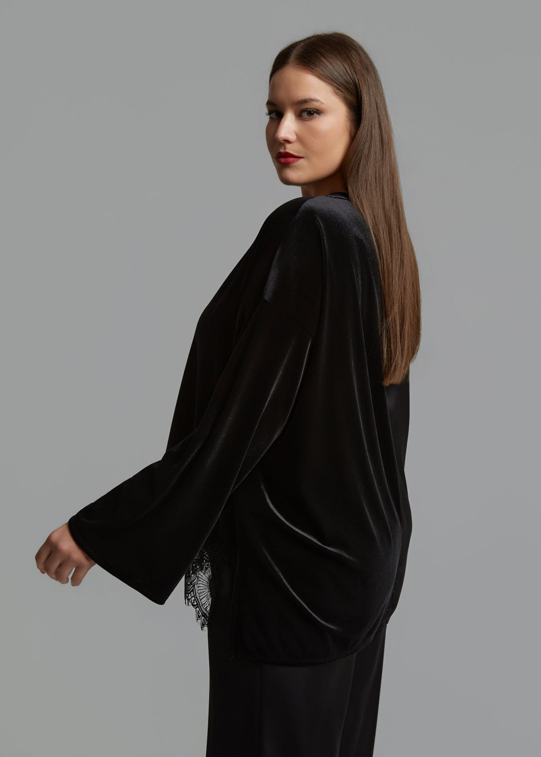 Mat Fashions Velvet and Mix Media V-Neck Top with Lace in Black