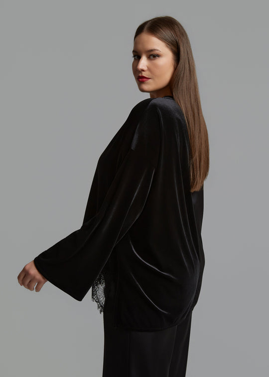 Mat Fashions Velvet and Mix Media V-Neck Top with Lace in Black
